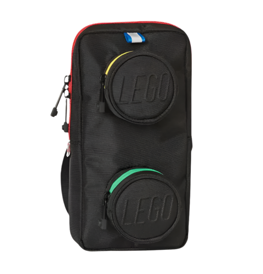 Black LEGO bag with two circular LEGO logo patches on a white background