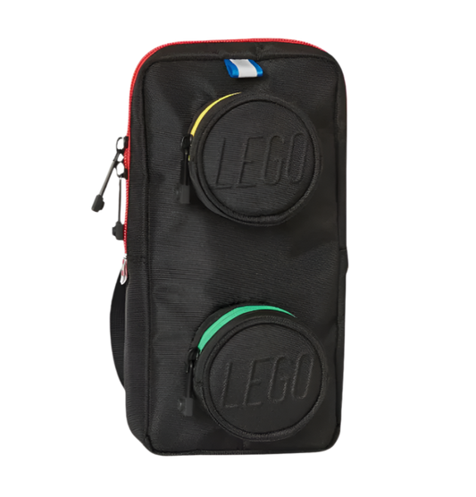 Black LEGO bag with two circular LEGO logo patches on a white background