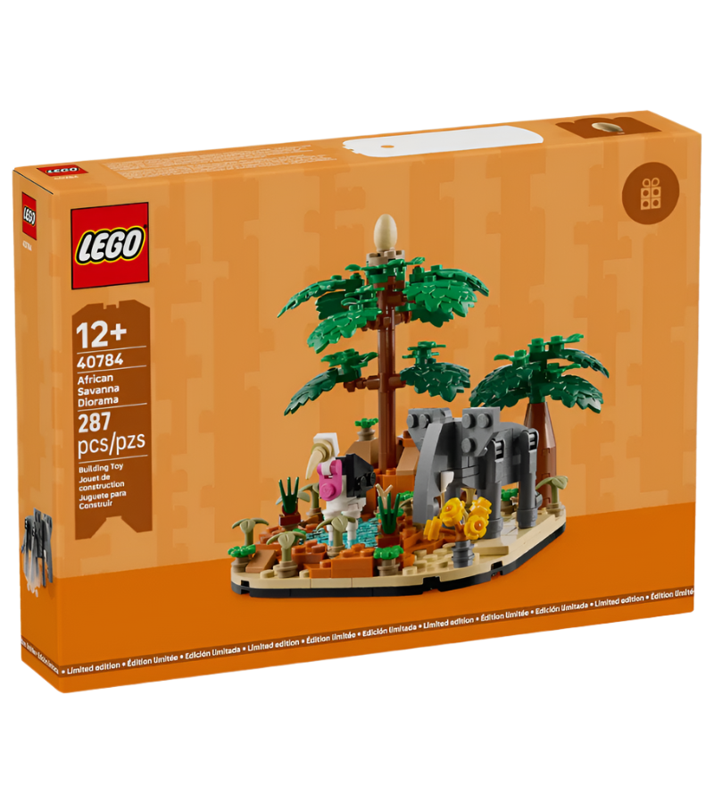 LEGO savanna animals set packaging with palm trees and animals on an orange background