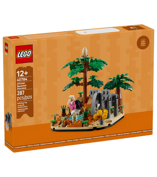 LEGO savanna animals set packaging with palm trees and animals on an orange background