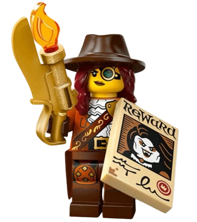 LEGO figure of a pirate with a torch and reward poster on a white background