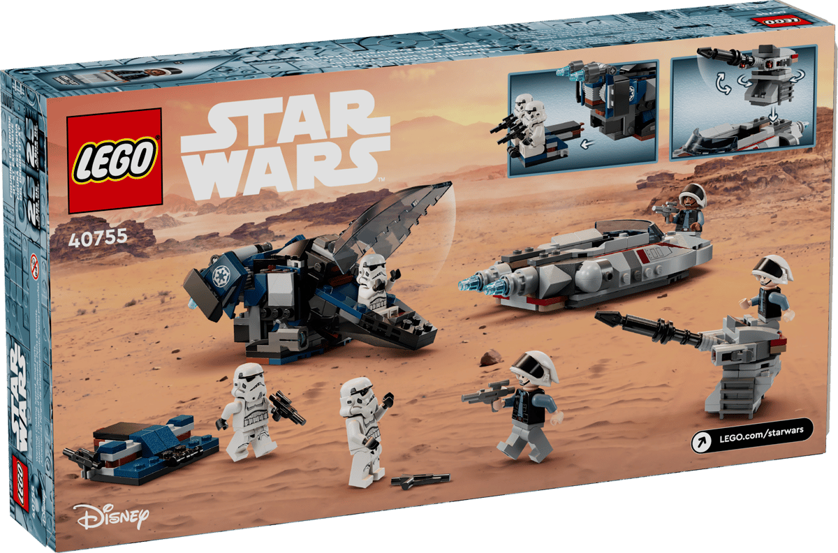 LEGO Star Wars set packaging with characters and vehicles on a desert background