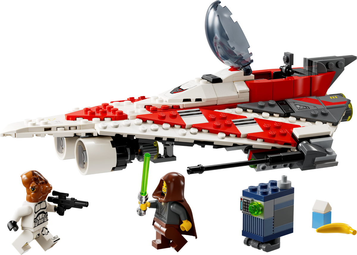 LEGO Star Wars Jedi Bob's Starfighter with Jedi Bob, Ackbar Trooper and SR-V0 droid on a transparent background