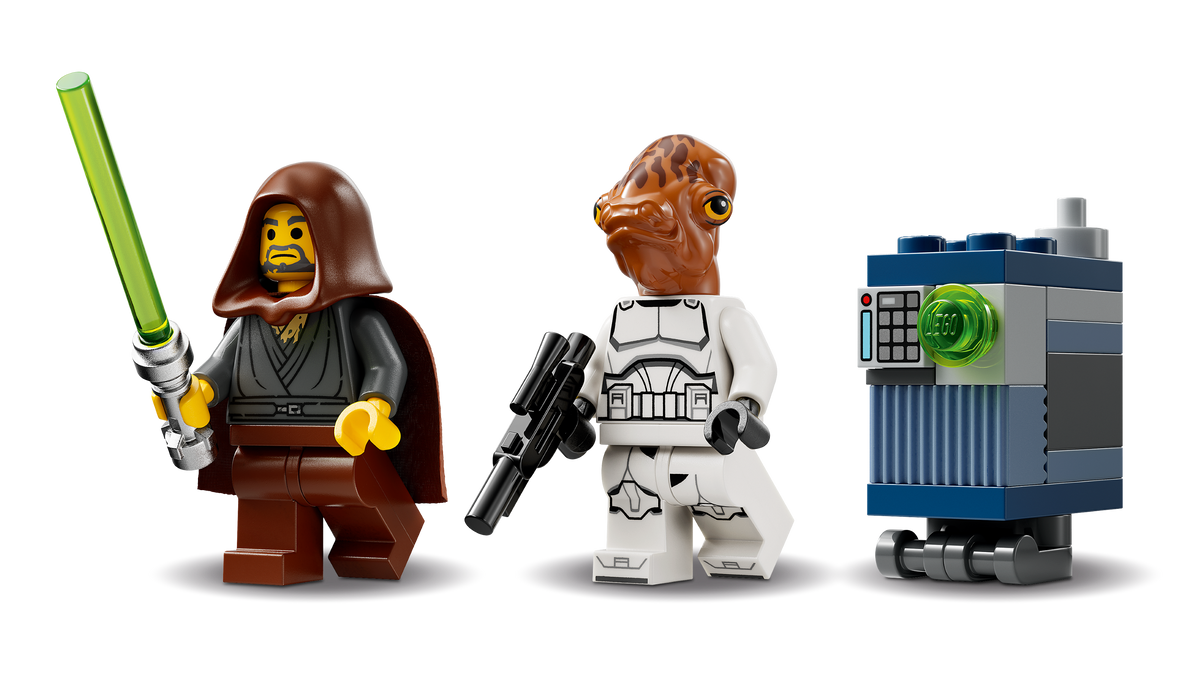 Jedi Bob, Ackbar Trooper and SR-V0 droid figure lineup on a transparent background