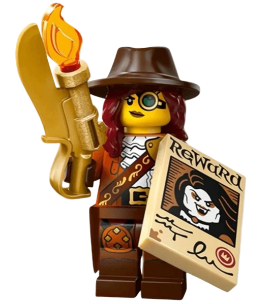 LEGO figure of a pirate with a torch and reward poster on a white background